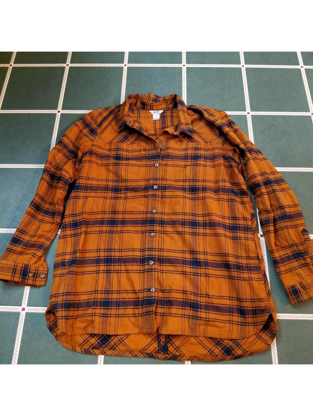 Duluth Trading Co Orange and Navy Plaid Button-Down Shirt